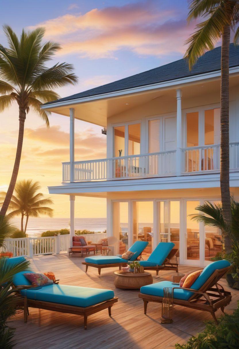 A picturesque coastal house with large windows overlooking a serene beach, surrounded by palm trees, with a cozy porch adorned with summer lounge chairs and colorful beach umbrellas. The backdrop includes a bright blue sky with a golden sunset. super-realistic. vibrant colors.