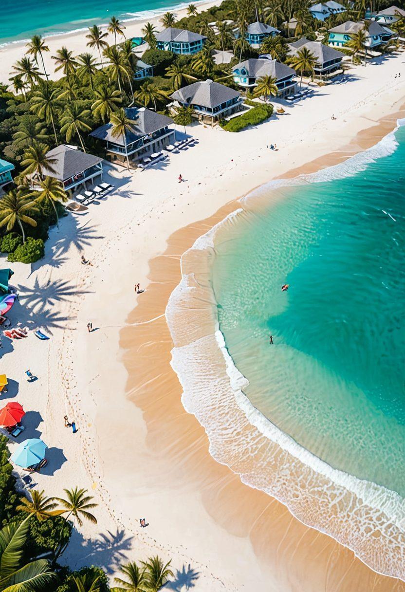 A breathtaking aerial view of a pristine beach with luxurious beachfront rentals lining the shore. Turquoise waves gently lap against the white sandy beach, with palm trees swaying in the gentle breeze. Couples and families relax under colorful umbrellas, sipping cocktails and enjoying the sunset. A sea turtle makes its way into the water nearby. super-realistic. vibrant colors. tropical paradise ambience.
