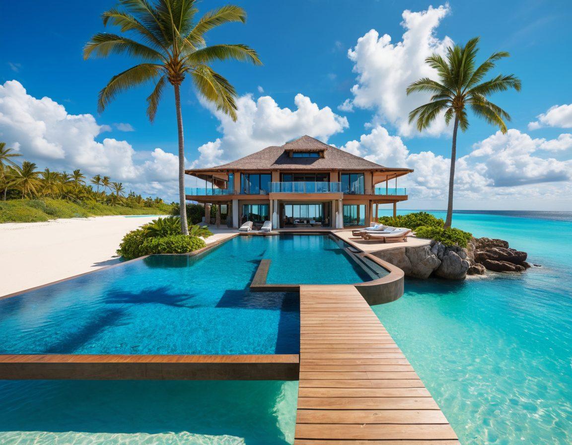 A breathtaking oceanfront villa perched on a pristine sandy beach with turquoise waters glistening under the sun. The villa features luxurious amenities like infinity pools, spacious decks with sun loungers, and large glass windows offering panoramic ocean views. Palm trees sway gently in the background, and the sky is a serene blue with a few fluffy clouds. super-realistic. vibrant colors. heavenly ambiance.